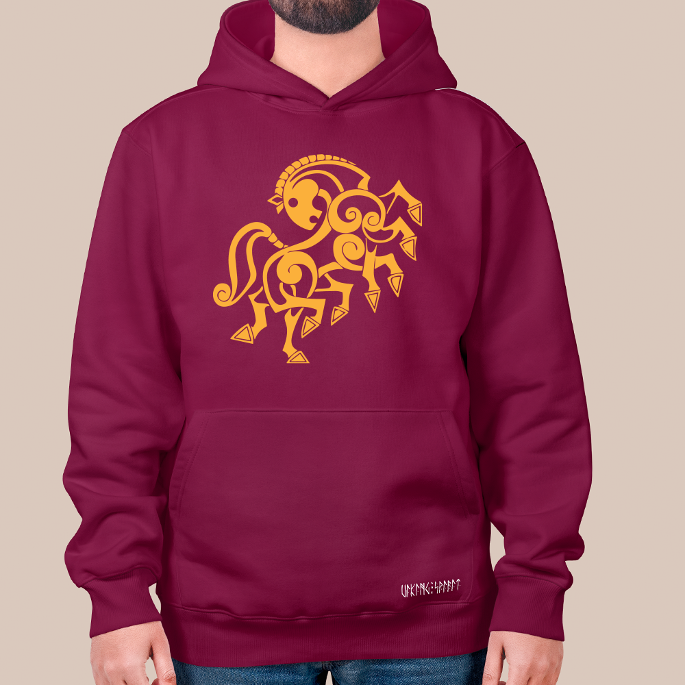 Norse Mythology Abstract Sleipnir 8-Legged Horse Totem 550g Heavyweight Cotton Hoodie, Viking Celtic Spiral Pullover with Kangaroo Pocket, Unisex All-Ages Sweatshirt, Viking Spirit Runes on Hem-Viking Spirit
