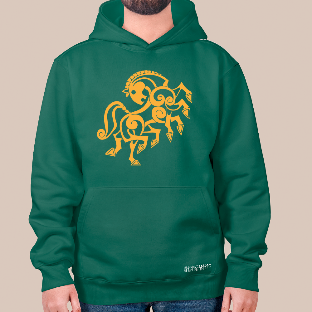 Norse Mythology Abstract Sleipnir 8-Legged Horse Totem 550g Heavyweight Cotton Hoodie, Viking Celtic Spiral Pullover with Kangaroo Pocket, Unisex All-Ages Sweatshirt, Viking Spirit Runes on Hem-Viking Spirit