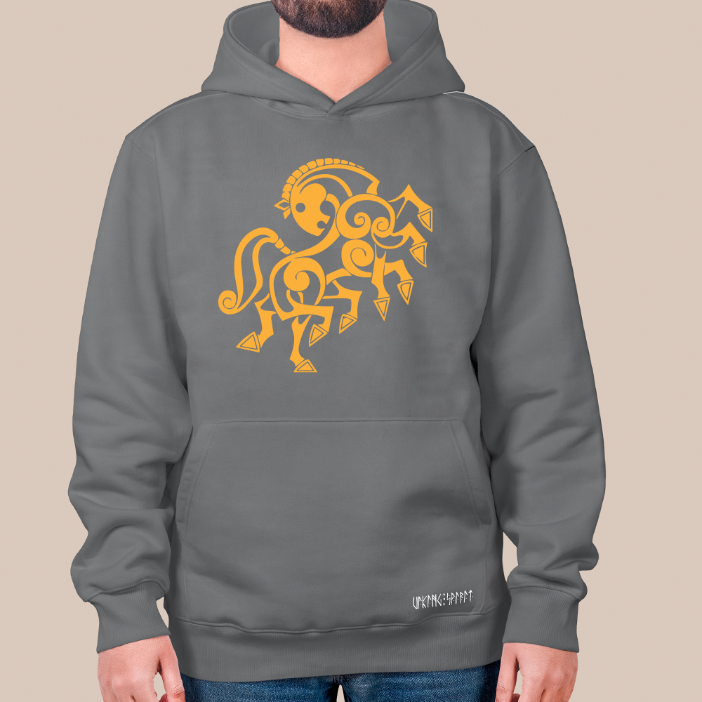 Norse Mythology Abstract Sleipnir 8-Legged Horse Totem 550g Heavyweight Cotton Hoodie, Viking Celtic Spiral Pullover with Kangaroo Pocket, Unisex All-Ages Sweatshirt, Viking Spirit Runes on Hem-Viking Spirit