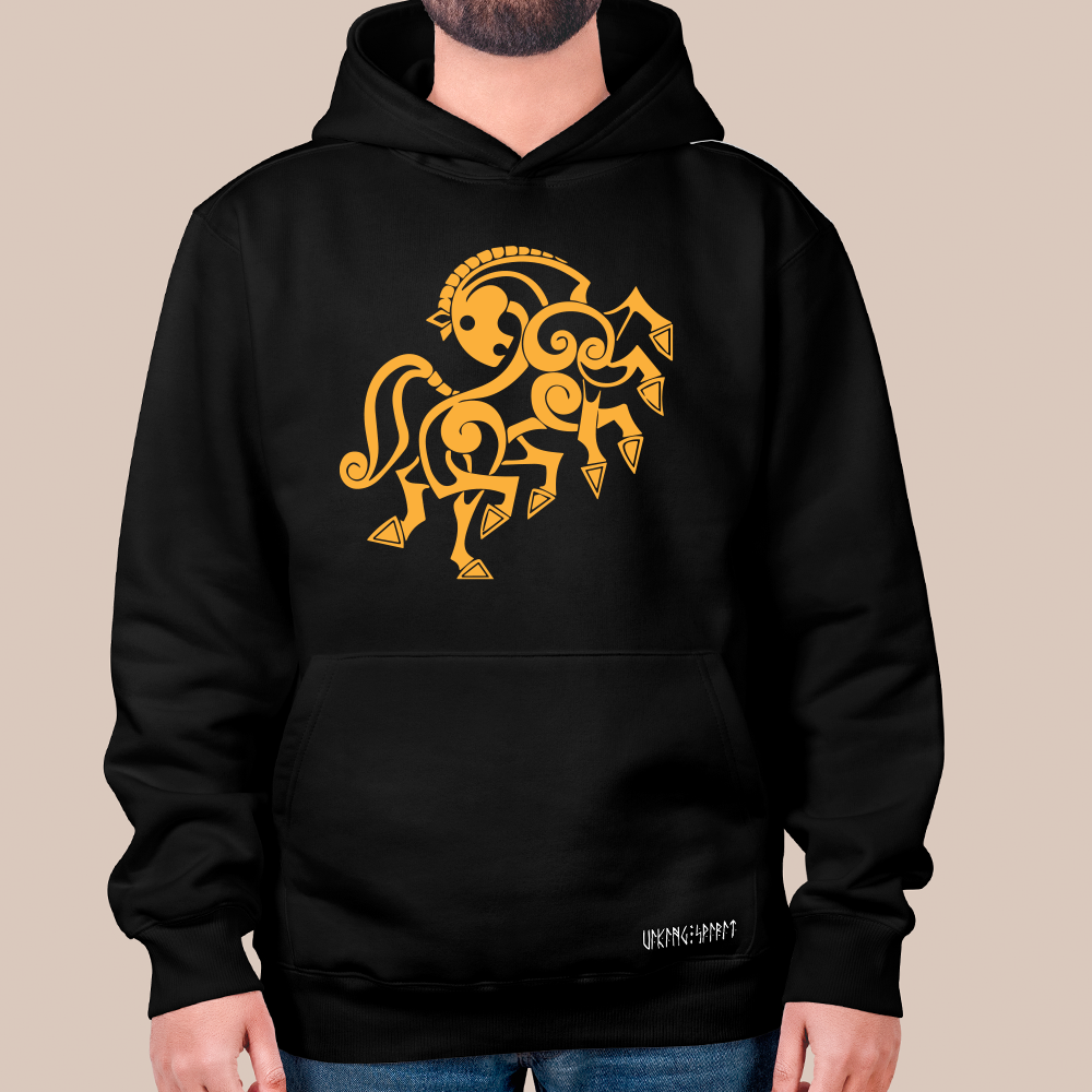 Norse Mythology Abstract Sleipnir 8-Legged Horse Totem 550g Heavyweight Cotton Hoodie, Viking Celtic Spiral Pullover with Kangaroo Pocket, Unisex All-Ages Sweatshirt, Viking Spirit Runes on Hem-Viking Spirit
