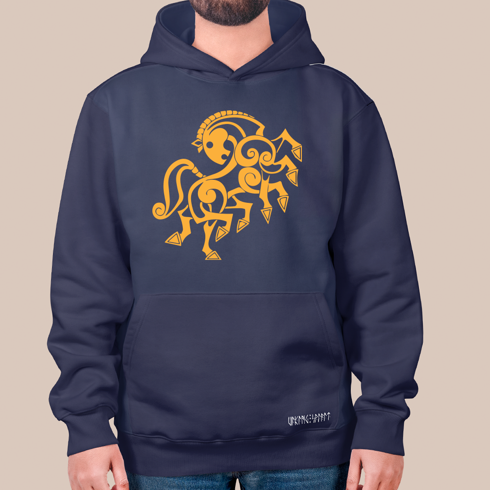 Norse Mythology Abstract Sleipnir 8-Legged Horse Totem 550g Heavyweight Cotton Hoodie, Viking Celtic Spiral Pullover with Kangaroo Pocket, Unisex All-Ages Sweatshirt, Viking Spirit Runes on Hem-Viking Spirit
