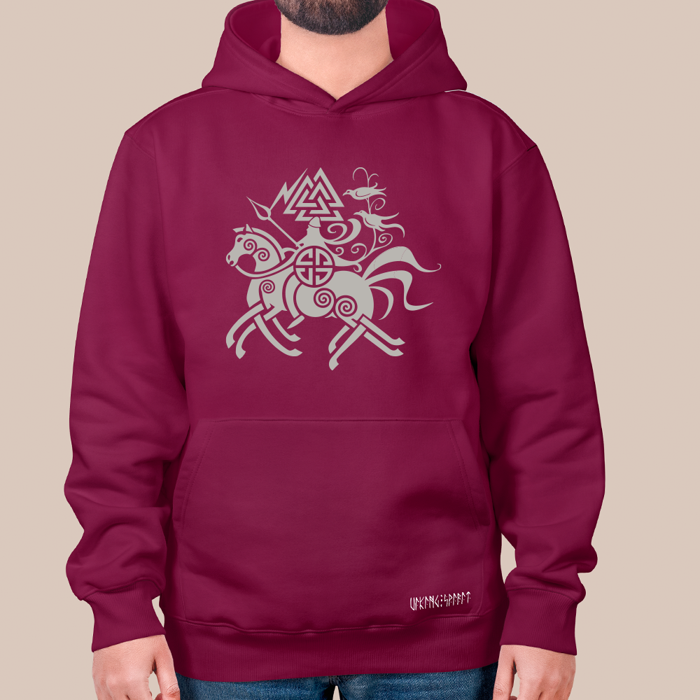 Norse Mythology Odin Valknut Raven Totem 550g Heavyweight Cotton Hoodie, Viking Sleipnir 8-Legged Horse Pullover with Kangaroo Pocket, Unisex All-Ages Sweatshirt, Viking Spirit Runes on Hem-Viking Spirit