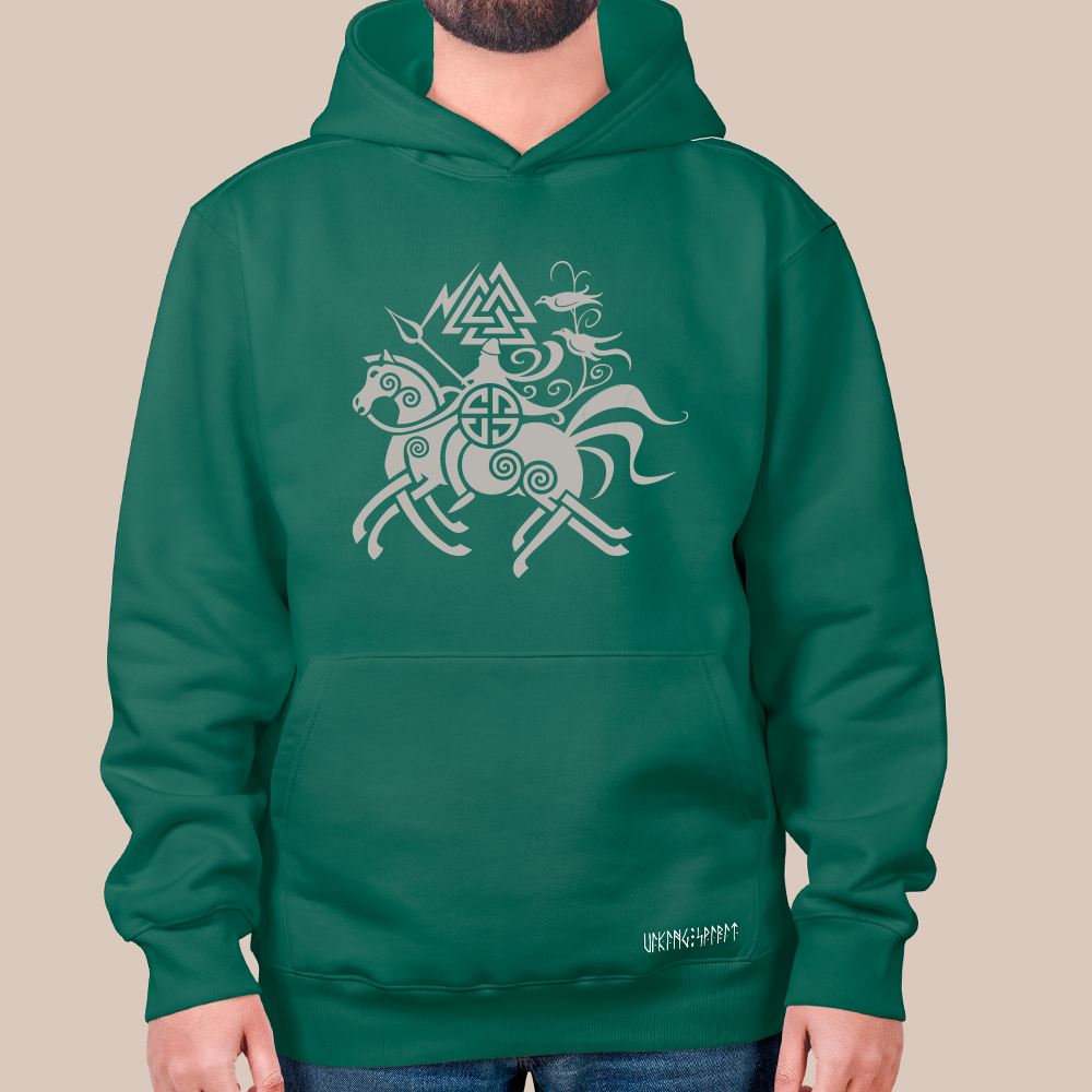 Norse Mythology Odin Valknut Raven Totem 550g Heavyweight Cotton Hoodie, Viking Sleipnir 8-Legged Horse Pullover with Kangaroo Pocket, Unisex All-Ages Sweatshirt, Viking Spirit Runes on Hem-Viking Spirit