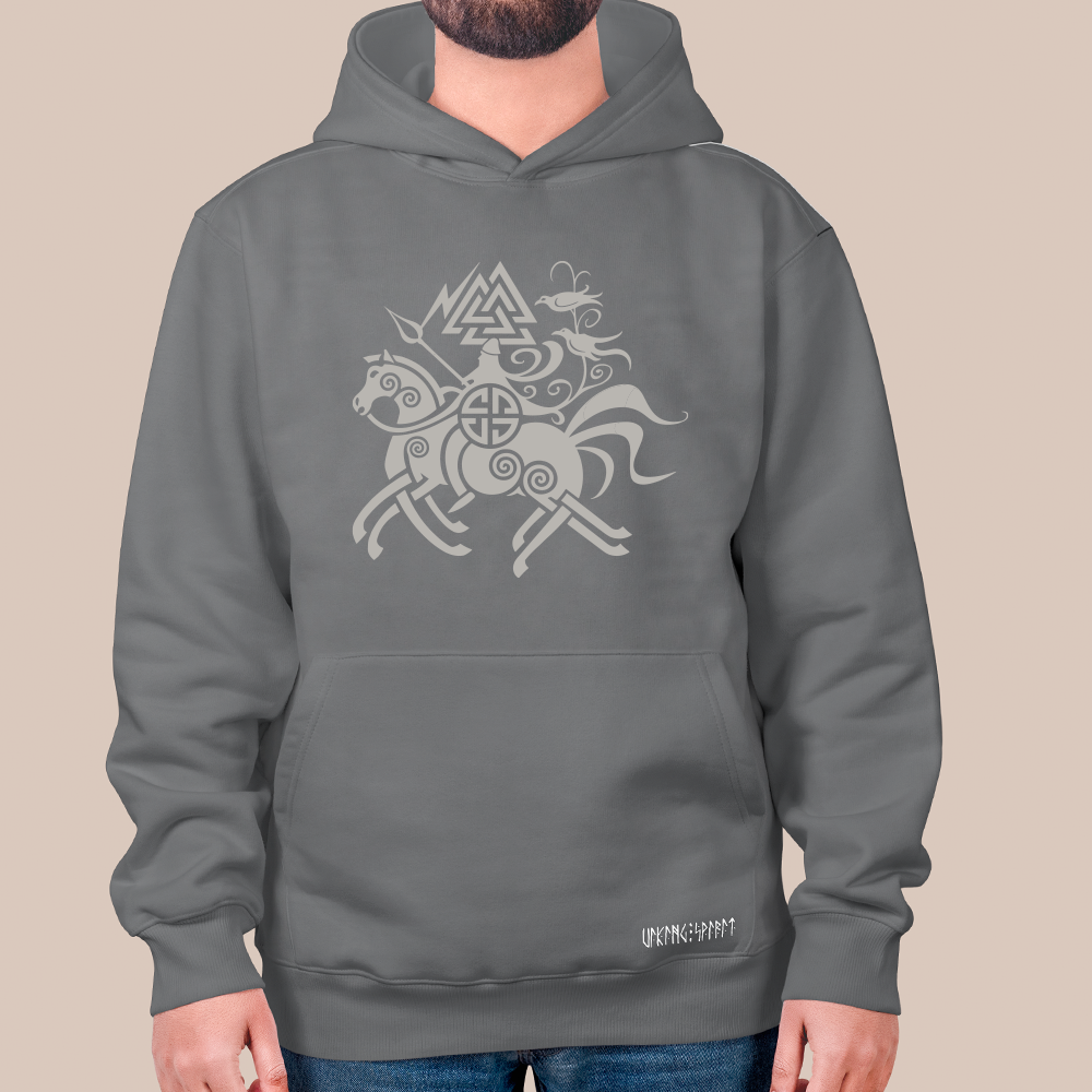 Norse Mythology Odin Valknut Raven Totem 550g Heavyweight Cotton Hoodie, Viking Sleipnir 8-Legged Horse Pullover with Kangaroo Pocket, Unisex All-Ages Sweatshirt, Viking Spirit Runes on Hem-Viking Spirit
