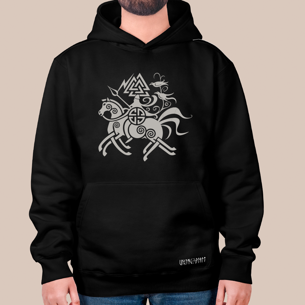 Norse Mythology Odin Valknut Raven Totem 550g Heavyweight Cotton Hoodie, Viking Sleipnir 8-Legged Horse Pullover with Kangaroo Pocket, Unisex All-Ages Sweatshirt, Viking Spirit Runes on Hem-Viking Spirit