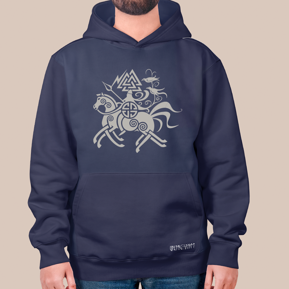 Norse Mythology Odin Valknut Raven Totem 550g Heavyweight Cotton Hoodie, Viking Sleipnir 8-Legged Horse Pullover with Kangaroo Pocket, Unisex All-Ages Sweatshirt, Viking Spirit Runes on Hem-Viking Spirit