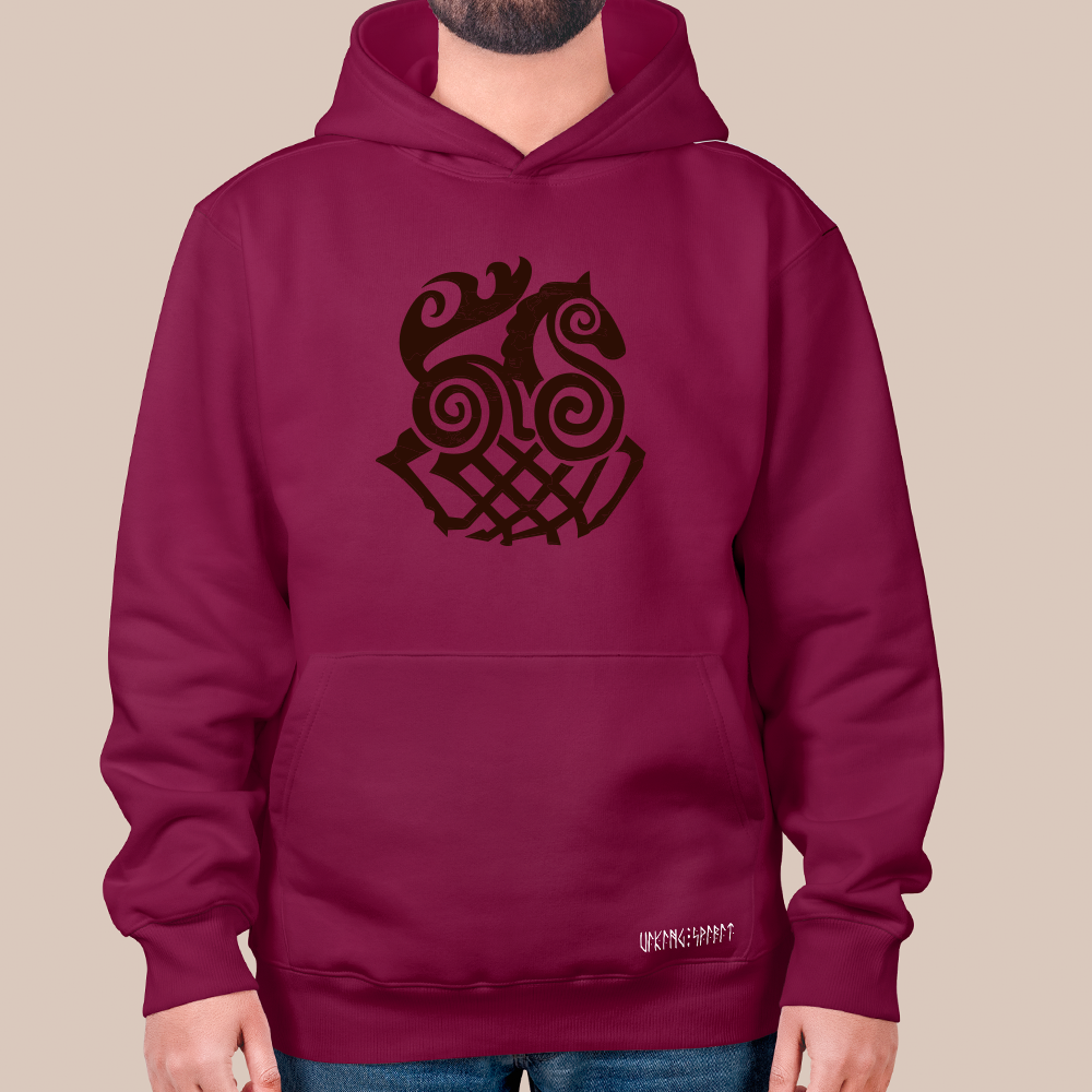 Norse Celtic Spiral Sleipnir 8-Legged Horse Totem 550g Heavyweight Cotton Hoodie, Viking Woven Pattern Pullover with Kangaroo Pocket, Unisex All-Ages Sweatshirt, Viking Spirit Runes on Hem-Viking Spirit