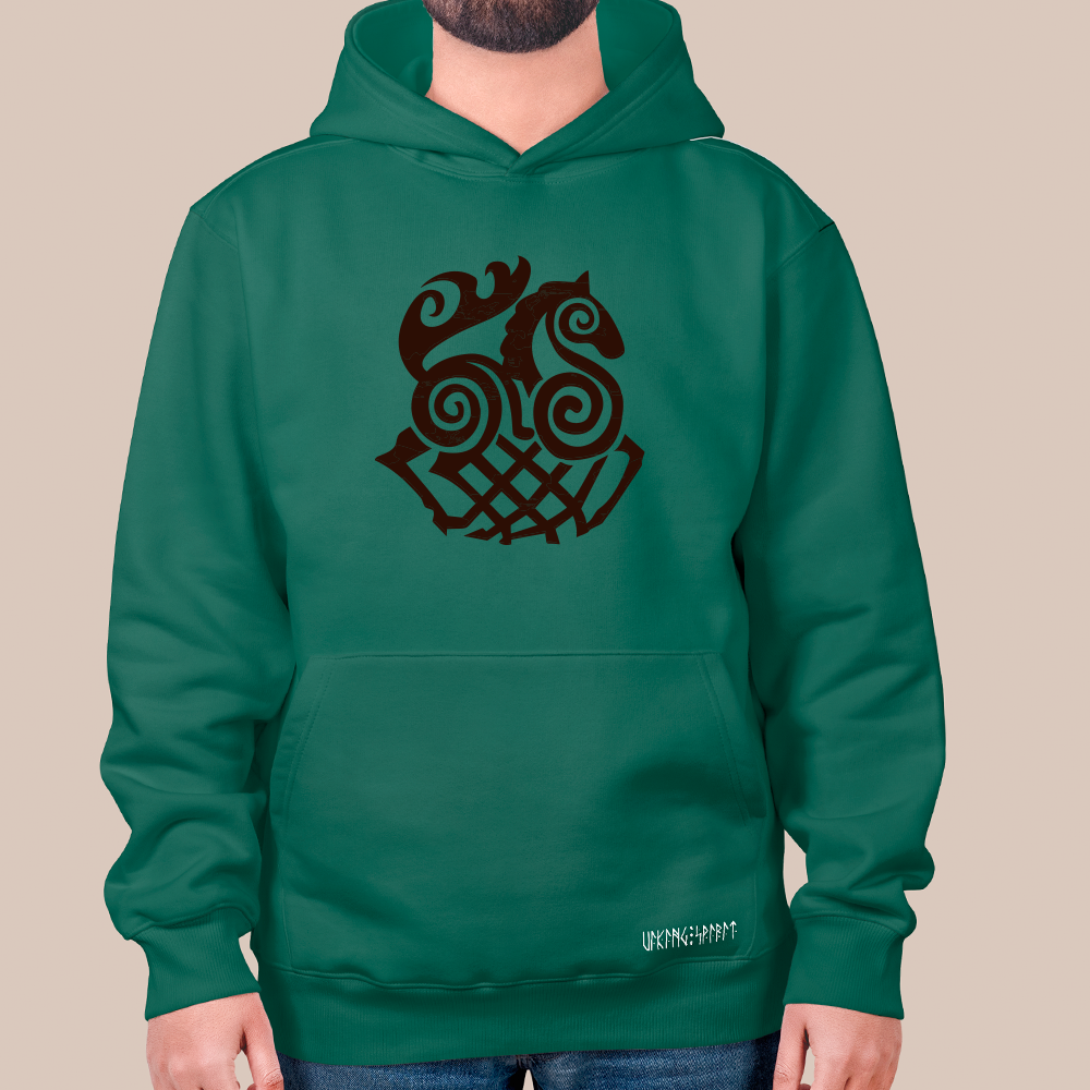 Norse Celtic Spiral Sleipnir 8-Legged Horse Totem 550g Heavyweight Cotton Hoodie, Viking Woven Pattern Pullover with Kangaroo Pocket, Unisex All-Ages Sweatshirt, Viking Spirit Runes on Hem-Viking Spirit