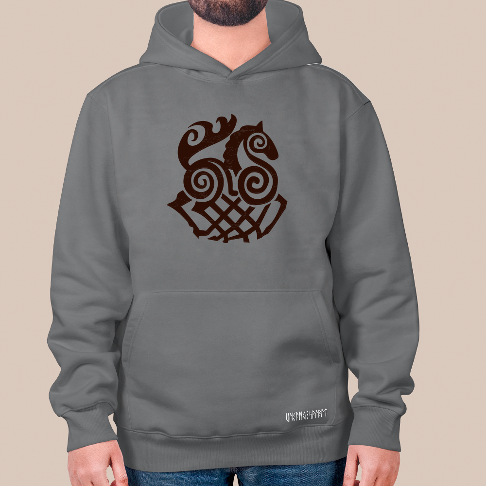 Norse Celtic Spiral Sleipnir 8-Legged Horse Totem 550g Heavyweight Cotton Hoodie, Viking Woven Pattern Pullover with Kangaroo Pocket, Unisex All-Ages Sweatshirt, Viking Spirit Runes on Hem-Viking Spirit