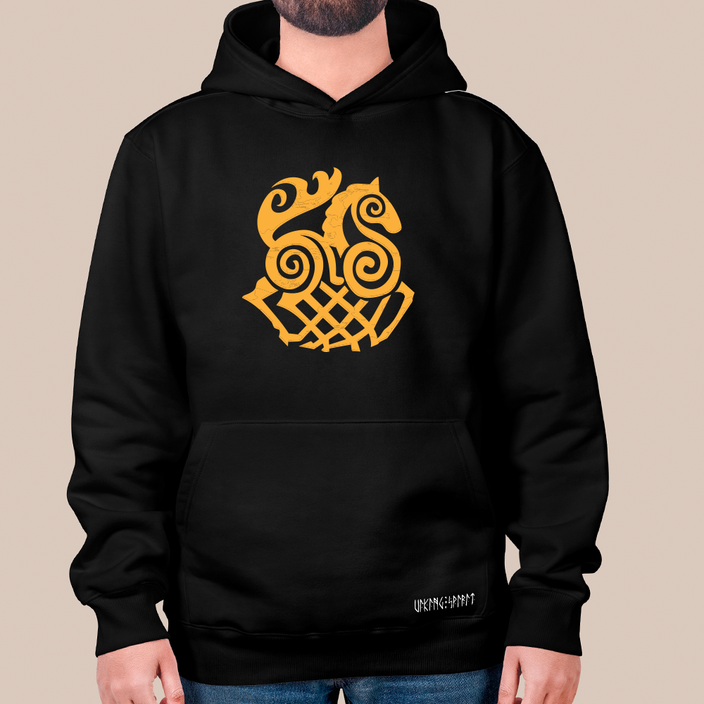 Norse Celtic Spiral Sleipnir 8-Legged Horse Totem 550g Heavyweight Cotton Hoodie, Viking Woven Pattern Pullover with Kangaroo Pocket, Unisex All-Ages Sweatshirt, Viking Spirit Runes on Hem-Viking Spirit