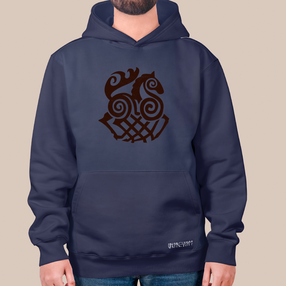Norse Celtic Spiral Sleipnir 8-Legged Horse Totem 550g Heavyweight Cotton Hoodie, Viking Woven Pattern Pullover with Kangaroo Pocket, Unisex All-Ages Sweatshirt, Viking Spirit Runes on Hem-Viking Spirit