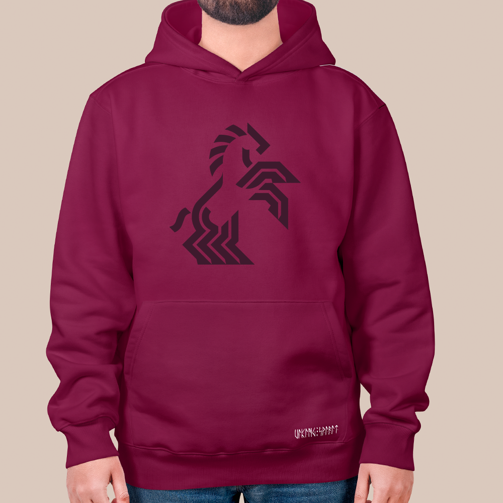 Norse Geometric Sleipnir 8-Legged Horse Totem 550g Heavyweight Cotton Hoodie, Viking Modern Line Pullover with Kangaroo Pocket, Unisex All-Ages Sweatshirt, Viking Spirit Runes on Hem-Viking Spirit