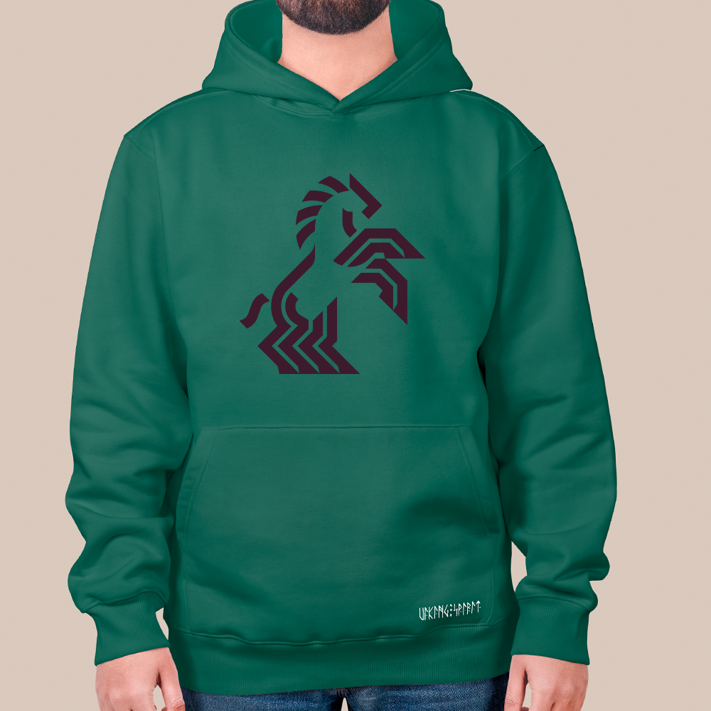 Norse Geometric Sleipnir 8-Legged Horse Totem 550g Heavyweight Cotton Hoodie, Viking Modern Line Pullover with Kangaroo Pocket, Unisex All-Ages Sweatshirt, Viking Spirit Runes on Hem-Viking Spirit