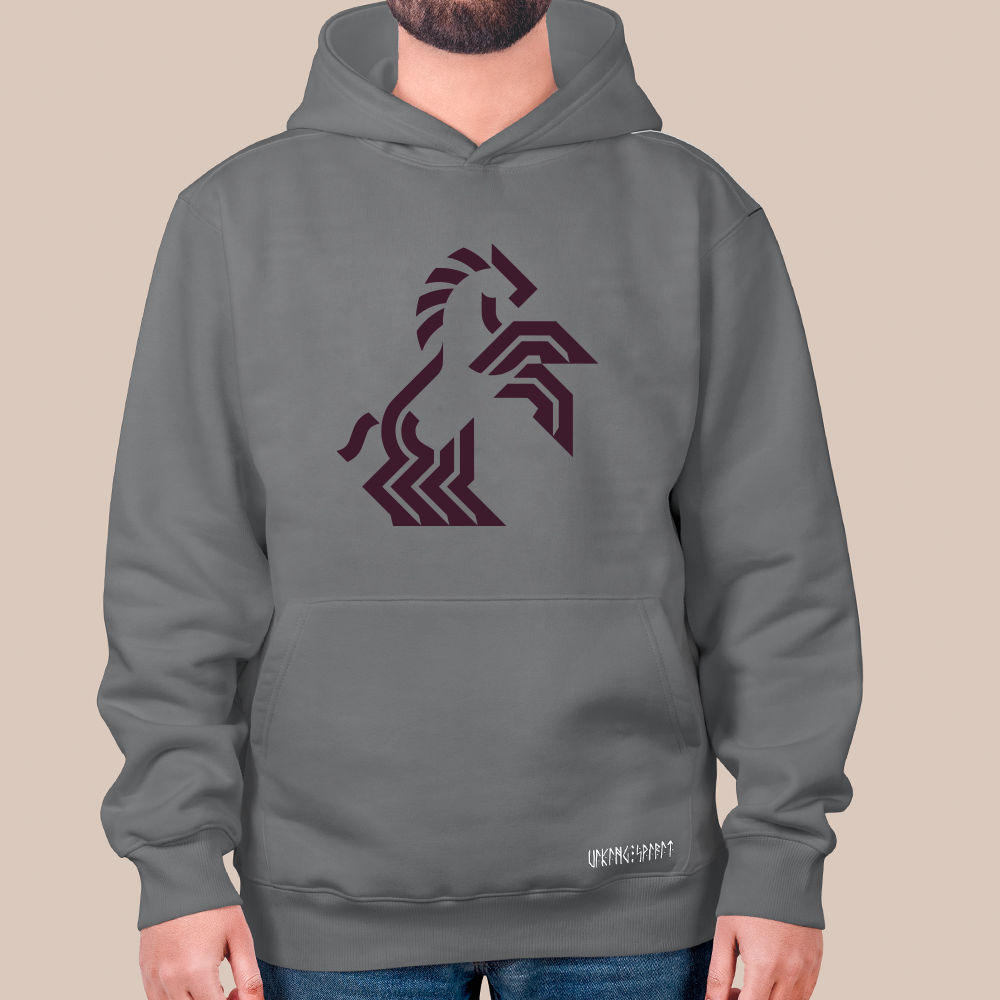 Norse Geometric Sleipnir 8-Legged Horse Totem 550g Heavyweight Cotton Hoodie, Viking Modern Line Pullover with Kangaroo Pocket, Unisex All-Ages Sweatshirt, Viking Spirit Runes on Hem-Viking Spirit