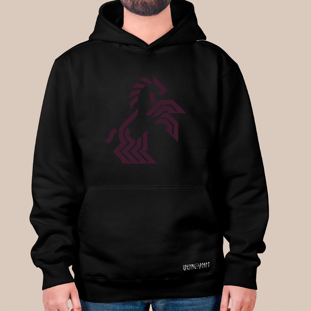 Norse Geometric Sleipnir 8-Legged Horse Totem 550g Heavyweight Cotton Hoodie, Viking Modern Line Pullover with Kangaroo Pocket, Unisex All-Ages Sweatshirt, Viking Spirit Runes on Hem-Viking Spirit