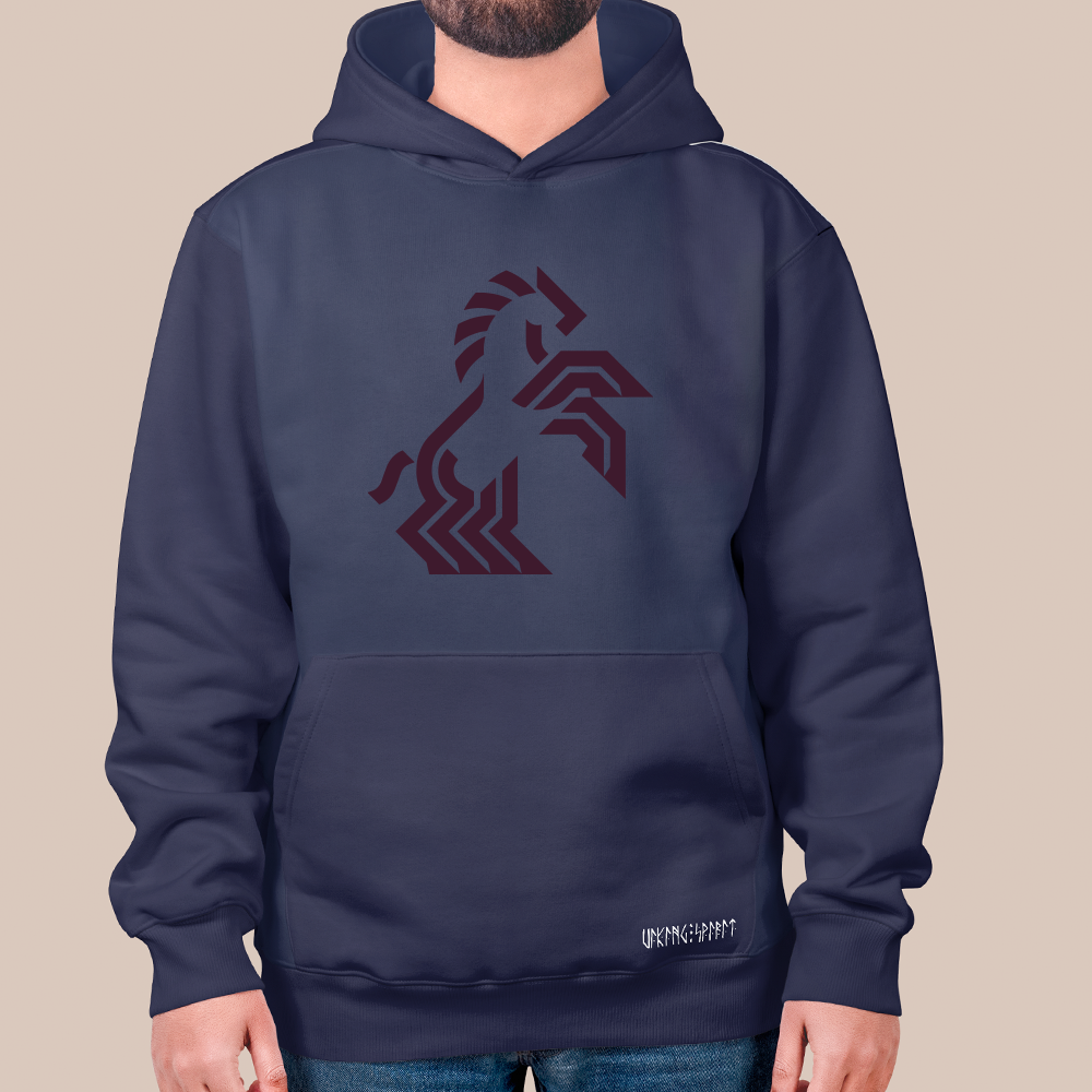 Norse Geometric Sleipnir 8-Legged Horse Totem 550g Heavyweight Cotton Hoodie, Viking Modern Line Pullover with Kangaroo Pocket, Unisex All-Ages Sweatshirt, Viking Spirit Runes on Hem-Viking Spirit