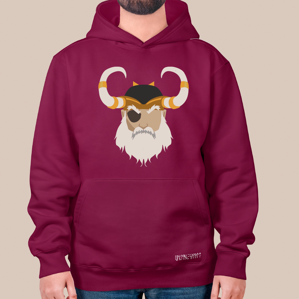 Norse Mythology Odin Flat Portrait 550g Heavyweight Cotton Hoodie, Viking Allfather Pullover with Kangaroo Pocket, Unisex All-Ages Sweatshirt, Viking Spirit Runes on Hem-Viking Spirit