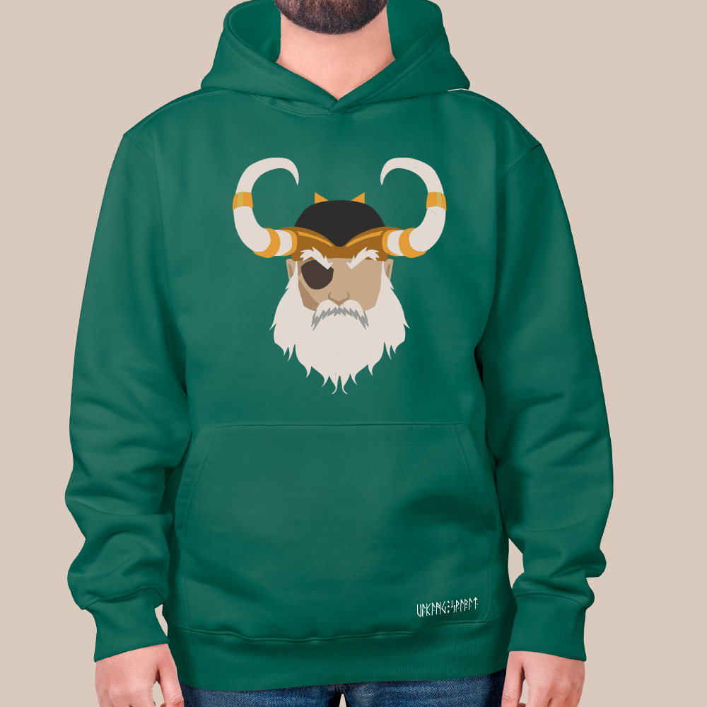 Norse Mythology Odin Flat Portrait 550g Heavyweight Cotton Hoodie, Viking Allfather Pullover with Kangaroo Pocket, Unisex All-Ages Sweatshirt, Viking Spirit Runes on Hem-Viking Spirit