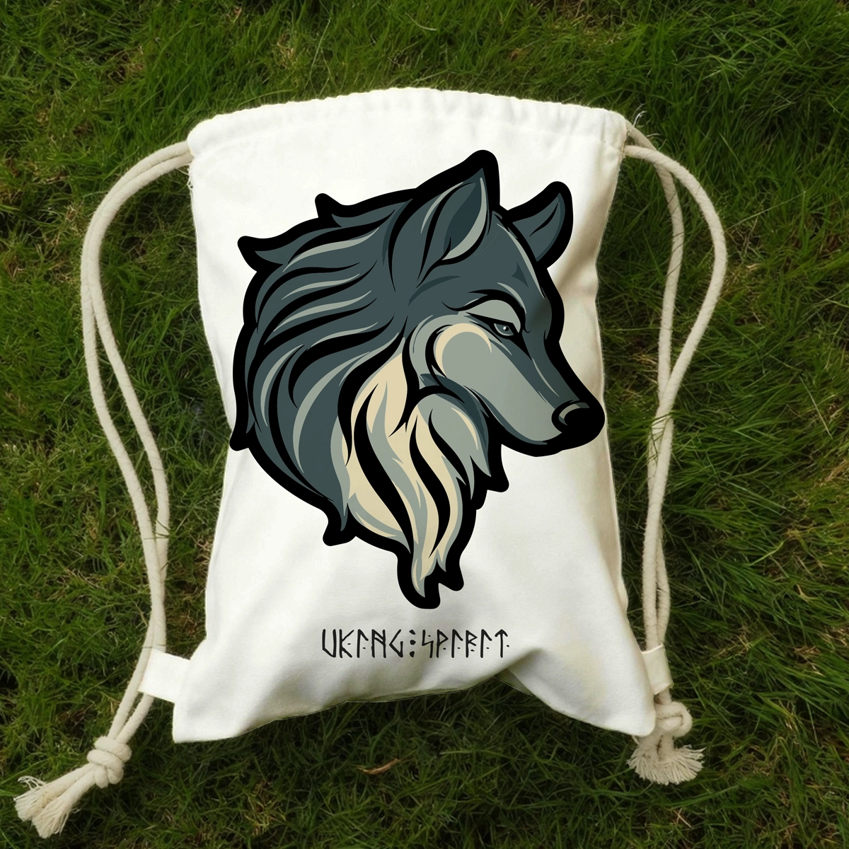  Viking Wolf Totem Cotton Canvas Drawstring Bag, Nordic Rune Heat‑Transfer Sack Backpack