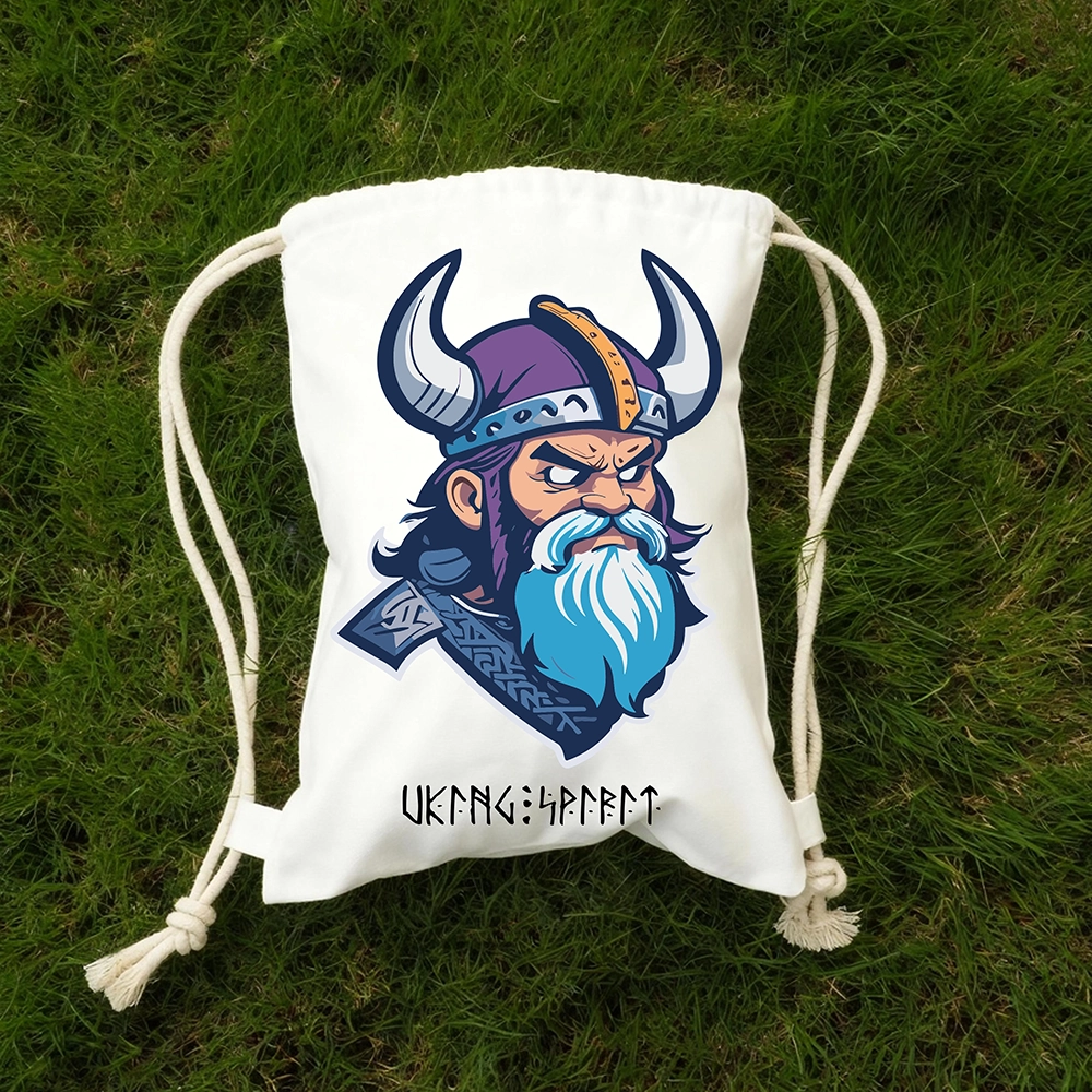 Viking Warrior Head with Purple‑Horned Helmet & Blue‑Beard Cotton Canvas Drawstring Bag, Norse Fighter Rune Heat‑Transfer Sack Backpack-Viking Spirit