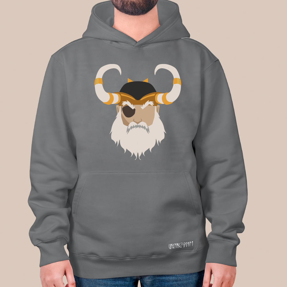 Norse Mythology Odin Flat Portrait 550g Heavyweight Cotton Hoodie, Viking Allfather Pullover with Kangaroo Pocket, Unisex All-Ages Sweatshirt, Viking Spirit Runes on Hem-Viking Spirit