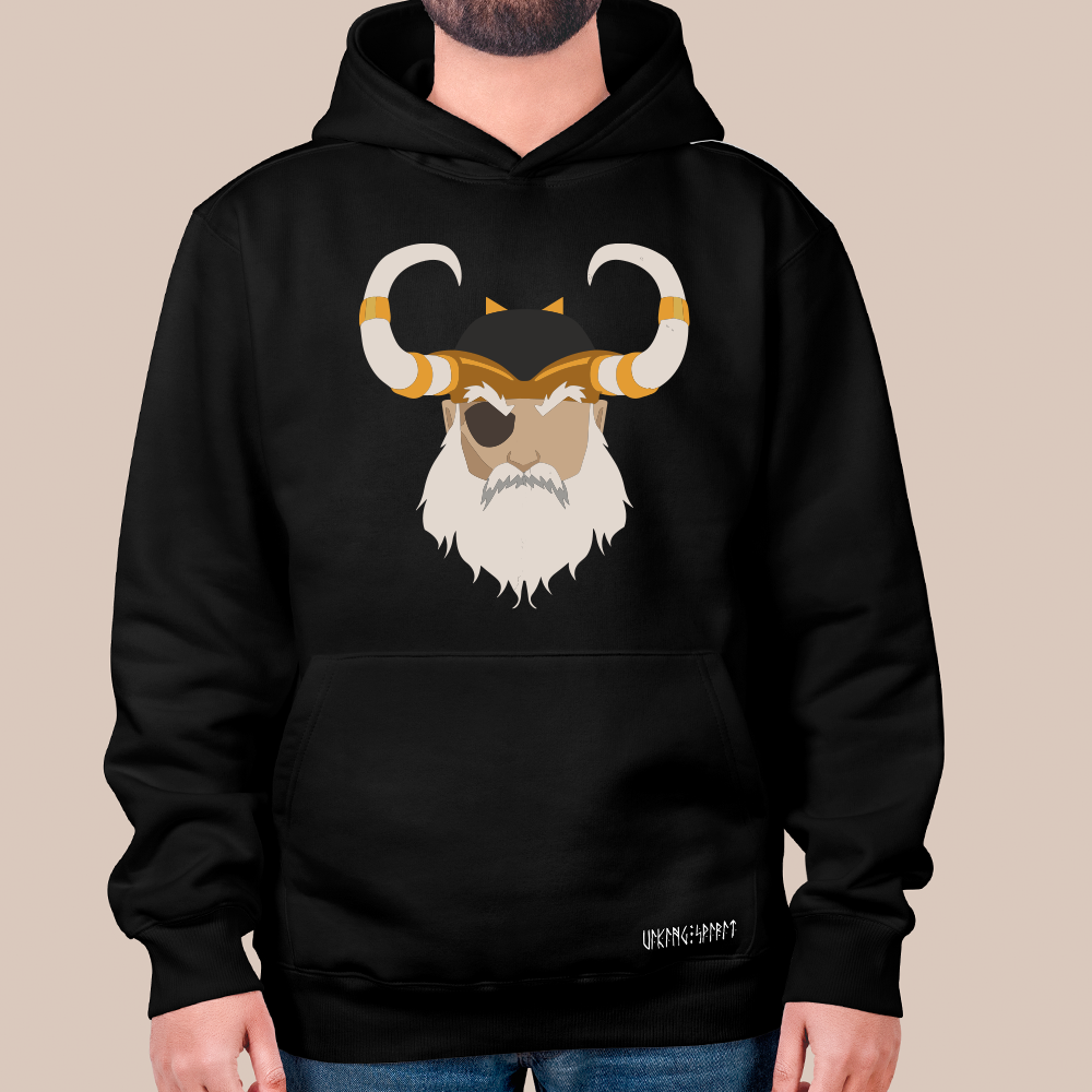 Norse Mythology Odin Flat Portrait 550g Heavyweight Cotton Hoodie, Viking Allfather Pullover with Kangaroo Pocket, Unisex All-Ages Sweatshirt, Viking Spirit Runes on Hem-Viking Spirit
