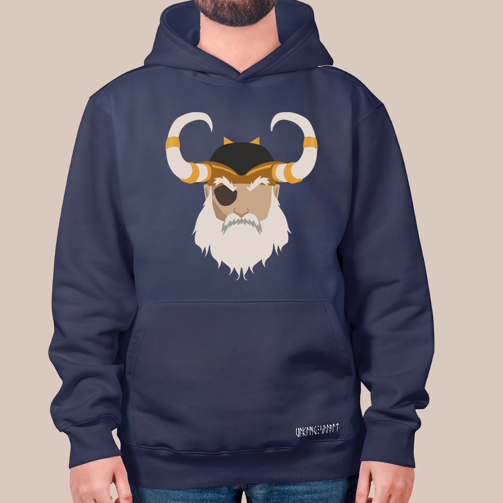 Norse Mythology Odin Flat Portrait 550g Heavyweight Cotton Hoodie, Viking Allfather Pullover with Kangaroo Pocket, Unisex All-Ages Sweatshirt, Viking Spirit Runes on Hem-Viking Spirit
