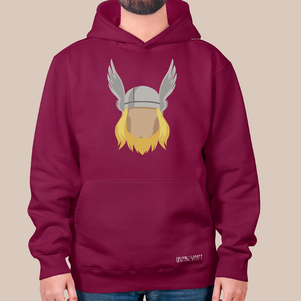Norse Mythology Thor Winged Helmet Portrait 550g Heavyweight Cotton Hoodie, Flat Illustration Pullover with Kangaroo Pocket, Unisex All-Ages Sweatshirt, Viking Spirit Runes on Hem-Viking Spirit