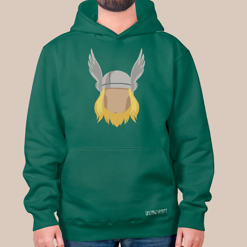 Norse Mythology Thor Winged Helmet Portrait 550g Heavyweight Cotton Hoodie, Flat Illustration Pullover with Kangaroo Pocket, Unisex All-Ages Sweatshirt, Viking Spirit Runes on Hem-Viking Spirit
