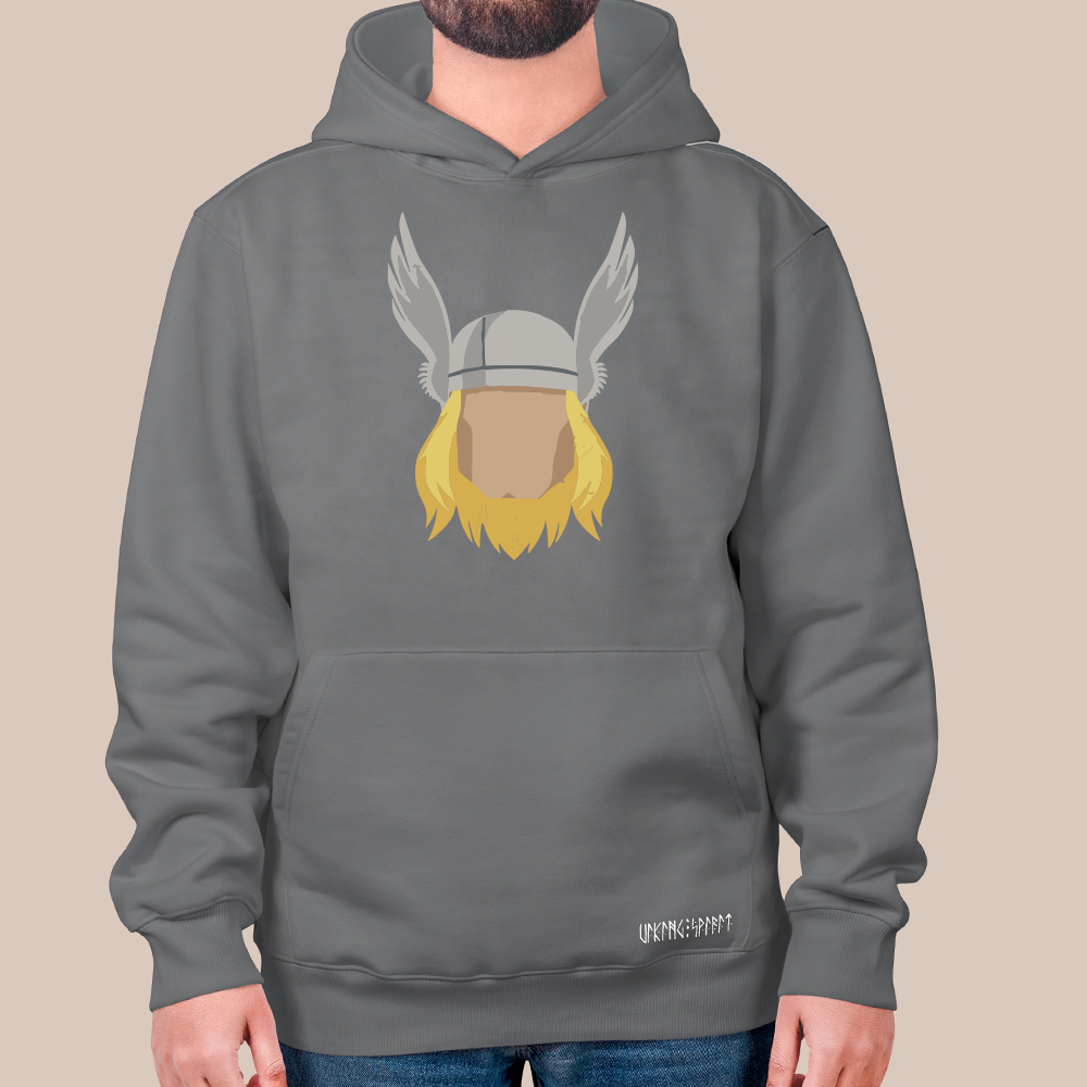 Norse Mythology Thor Winged Helmet Portrait 550g Heavyweight Cotton Hoodie, Flat Illustration Pullover with Kangaroo Pocket, Unisex All-Ages Sweatshirt, Viking Spirit Runes on Hem-Viking Spirit
