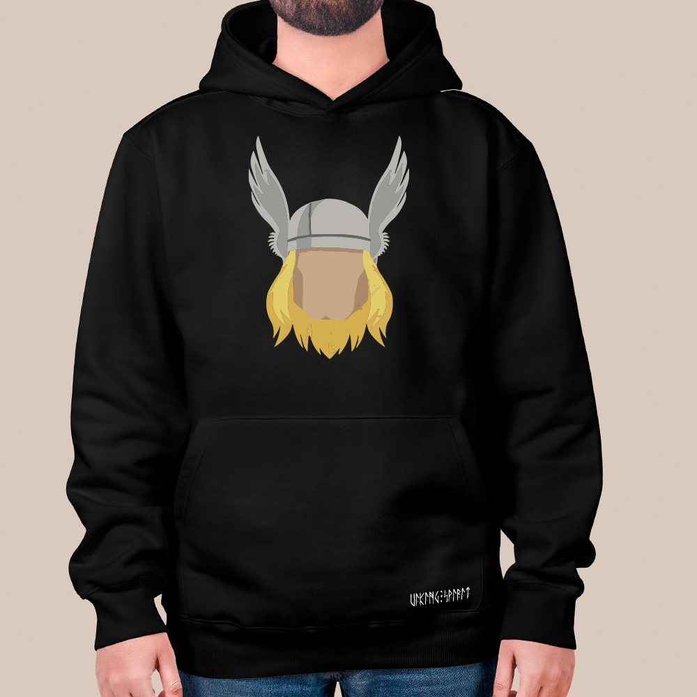 Norse Mythology Thor Winged Helmet Portrait 550g Heavyweight Cotton Hoodie, Flat Illustration Pullover with Kangaroo Pocket, Unisex All-Ages Sweatshirt, Viking Spirit Runes on Hem-Viking Spirit