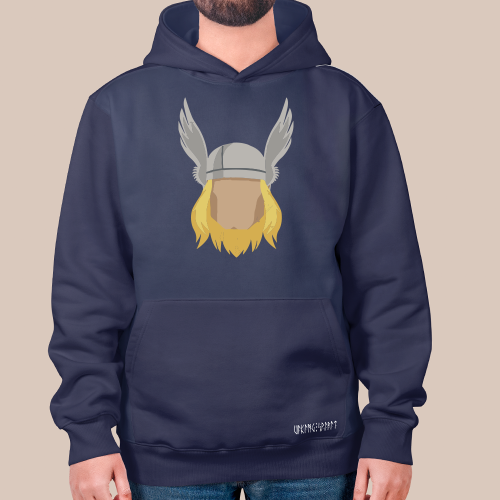 Norse Mythology Thor Winged Helmet Portrait 550g Heavyweight Cotton Hoodie, Flat Illustration Pullover with Kangaroo Pocket, Unisex All-Ages Sweatshirt, Viking Spirit Runes on Hem-Viking Spirit