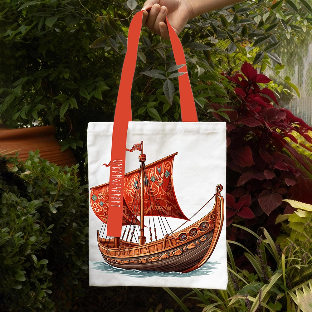 Viking Longship Drakkar Cotton Canvas Tote Bag, Norse Warship Rune Heat‑Transfer Shoulder Handbag