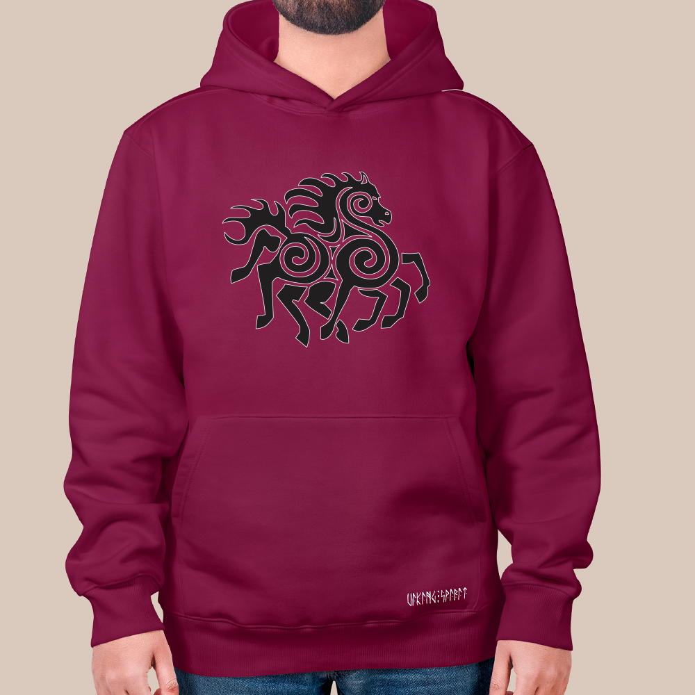 Norse Mythology Sleipnir Eight-Legged Horse Totem 550g Heavyweight Cotton Hoodie, Retro Ornament Pullover with Kangaroo Pocket, Unisex All-Ages Sweatshirt, Viking Spirit Runes on Hem-Viking Spirit