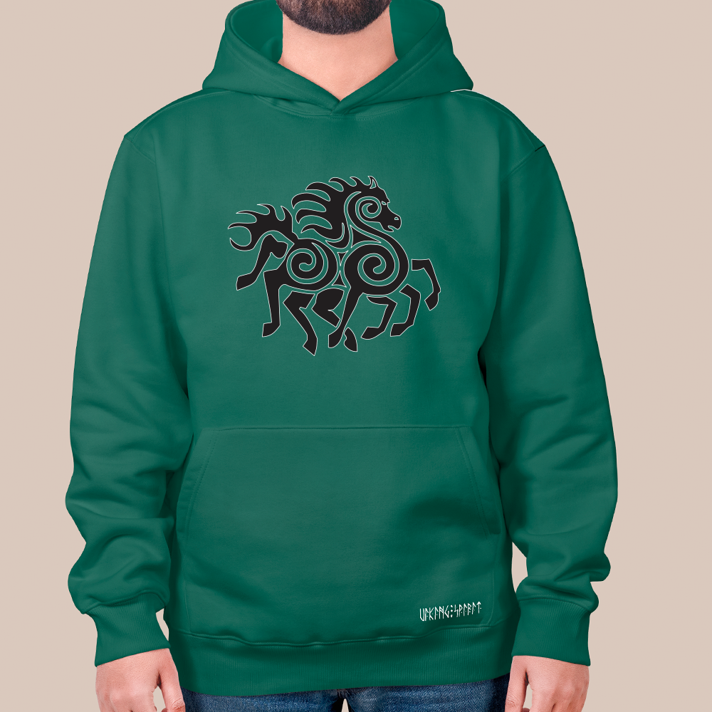 Norse Mythology Sleipnir Eight-Legged Horse Totem 550g Heavyweight Cotton Hoodie, Retro Ornament Pullover with Kangaroo Pocket, Unisex All-Ages Sweatshirt, Viking Spirit Runes on Hem-Viking Spirit