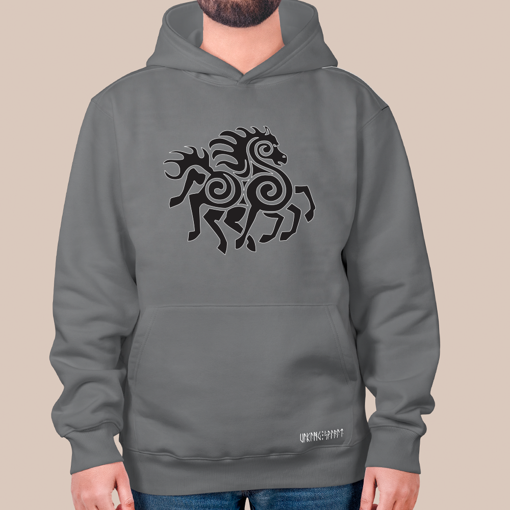 Norse Mythology Sleipnir Eight-Legged Horse Totem 550g Heavyweight Cotton Hoodie, Retro Ornament Pullover with Kangaroo Pocket, Unisex All-Ages Sweatshirt, Viking Spirit Runes on Hem-Viking Spirit