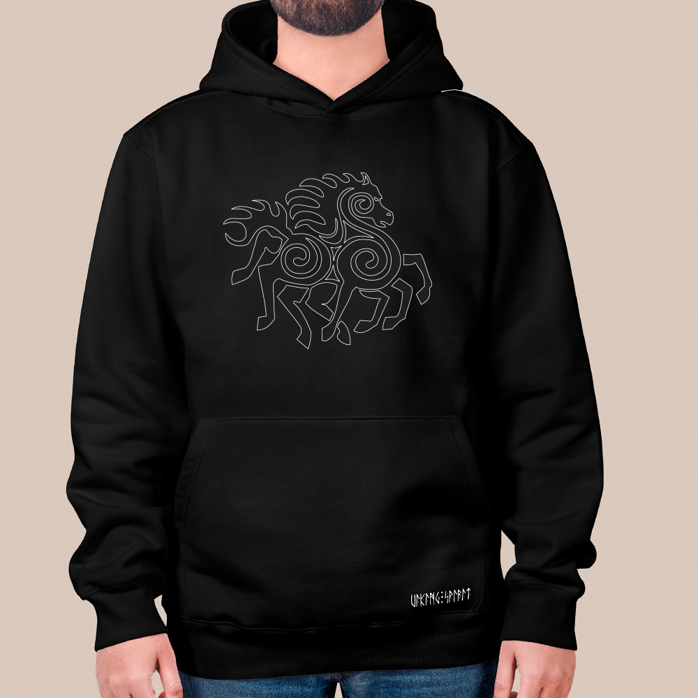Norse Mythology Sleipnir Eight-Legged Horse Totem 550g Heavyweight Cotton Hoodie, Retro Ornament Pullover with Kangaroo Pocket, Unisex All-Ages Sweatshirt, Viking Spirit Runes on Hem-Viking Spirit