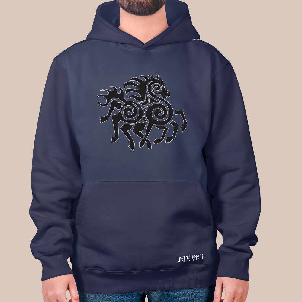 Norse Mythology Sleipnir Eight-Legged Horse Totem 550g Heavyweight Cotton Hoodie, Retro Ornament Pullover with Kangaroo Pocket, Unisex All-Ages Sweatshirt, Viking Spirit Runes on Hem-Viking Spirit