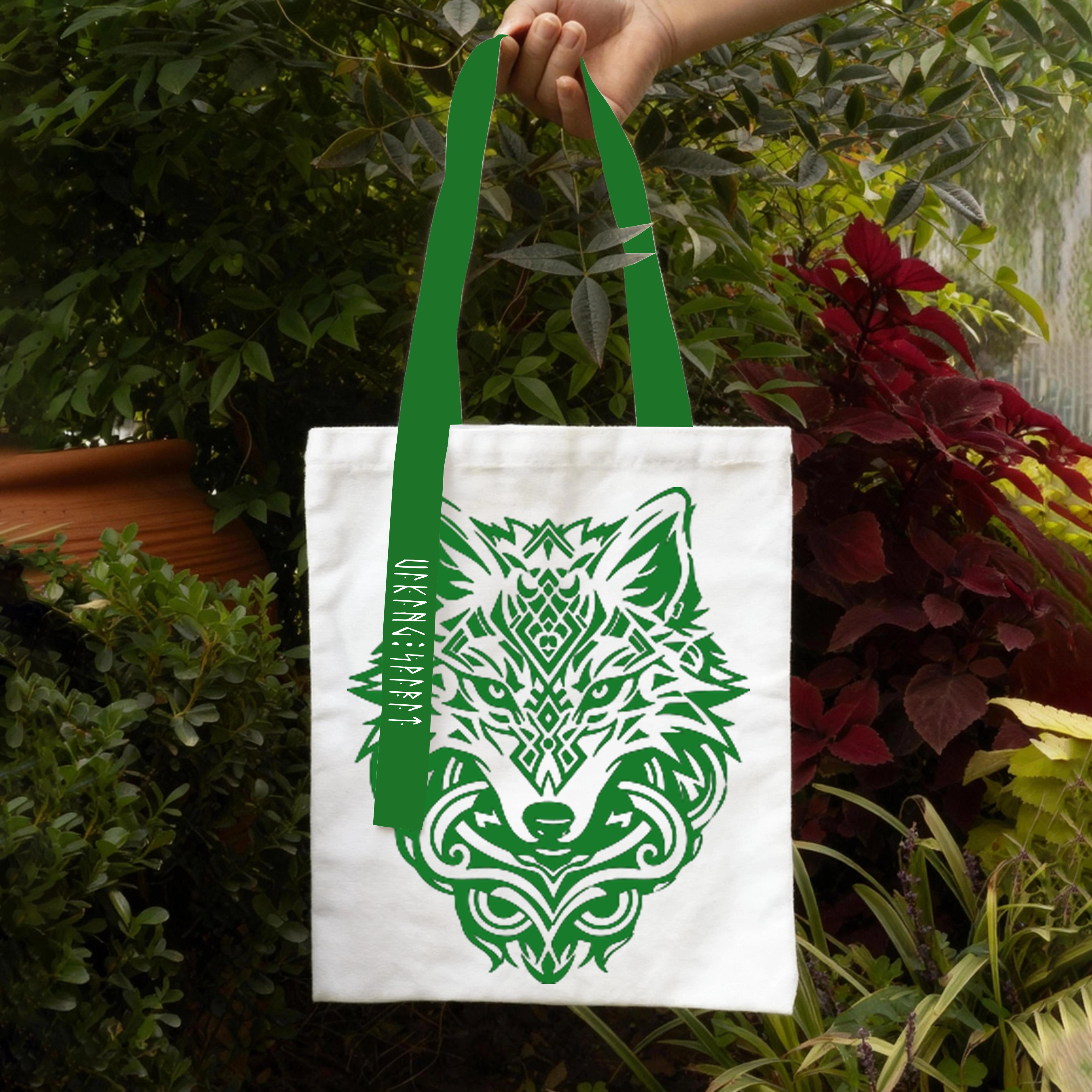 Nordic Celtic‑Pattern Fenrir Wolf Cotton Canvas Tote Bag, Viking Mythology Rune Heat‑Transfer Shoulder Handbag-Viking Spirit