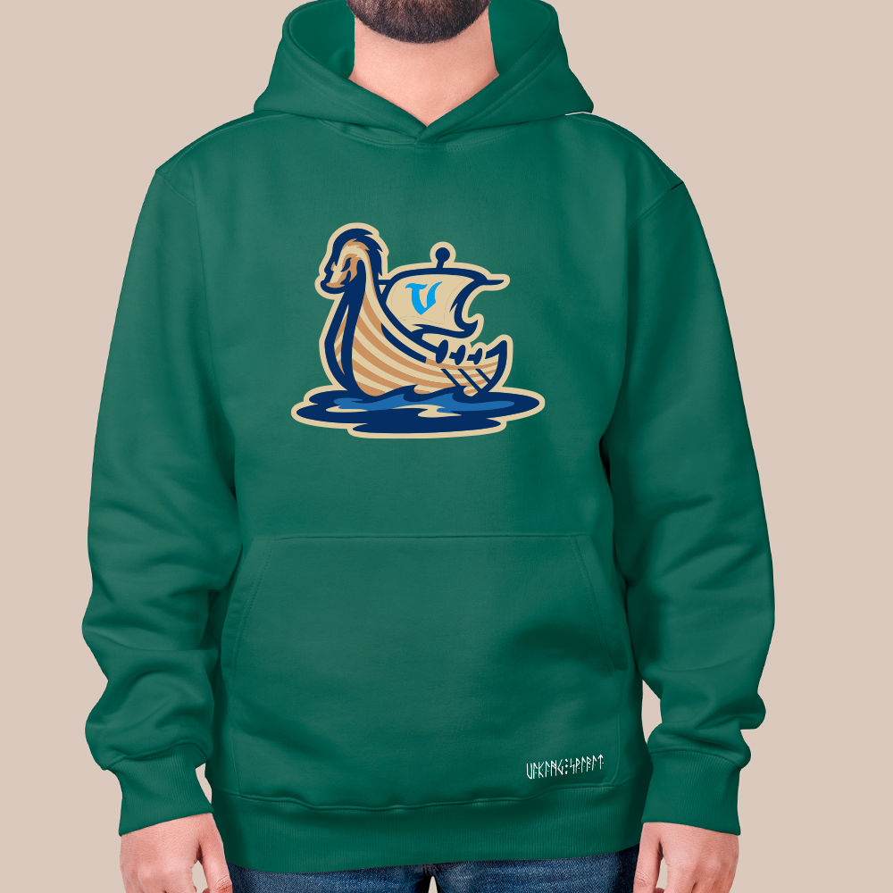 Viking Longship Totem 550g Heavyweight Cotton Hoodie, Nordic Warship Pullover with Kangaroo Pocket, Unisex All-Ages Sweatshirt, Viking Spirit Runes on Hem-Viking Spirit