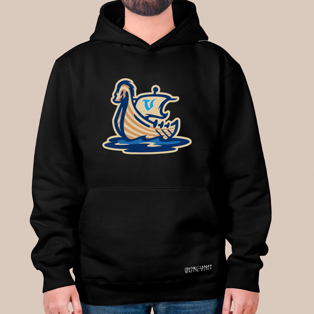 Viking Longship Totem 550g Heavyweight Cotton Hoodie, Nordic Warship Pullover with Kangaroo Pocket, Unisex All-Ages Sweatshirt, Viking Spirit Runes on Hem-Viking Spirit