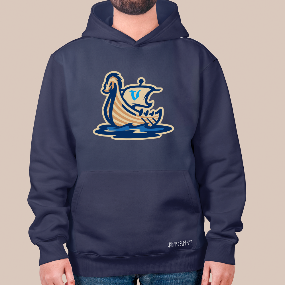 Viking Longship Totem 550g Heavyweight Cotton Hoodie, Nordic Warship Pullover with Kangaroo Pocket, Unisex All-Ages Sweatshirt, Viking Spirit Runes on Hem-Viking Spirit