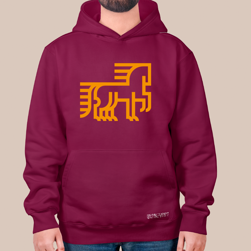 Ancient Nordic Stone Carving Geometric Beast Totem 550g Heavyweight Cotton Hoodie, Viking Primitive Ornament Pullover with Kangaroo Pocket, Unisex All-Ages Sweatshirt, Viking Spirit Runes on Hem-Viking Spirit