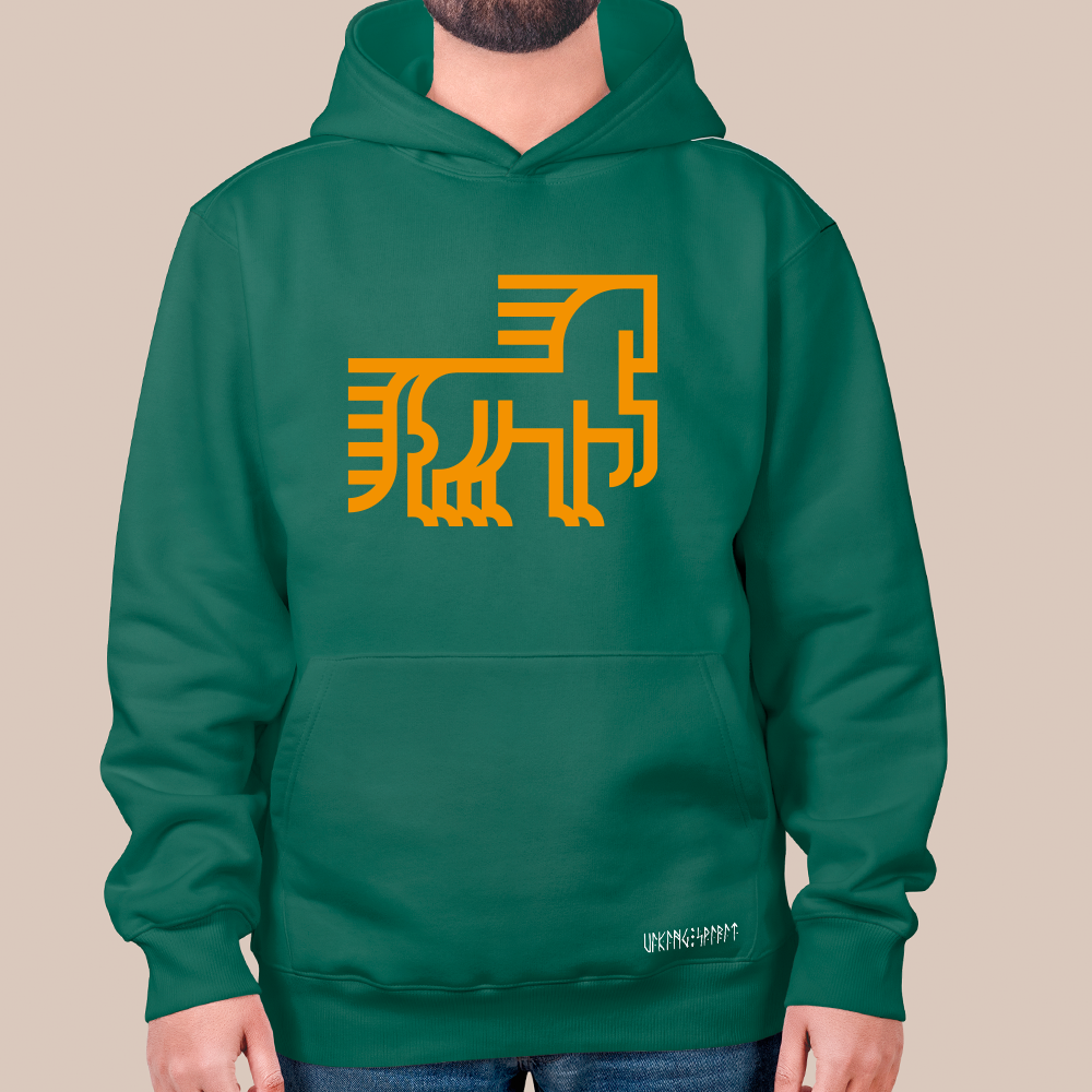 Ancient Nordic Stone Carving Geometric Beast Totem 550g Heavyweight Cotton Hoodie, Viking Primitive Ornament Pullover with Kangaroo Pocket, Unisex All-Ages Sweatshirt, Viking Spirit Runes on Hem-Viking Spirit