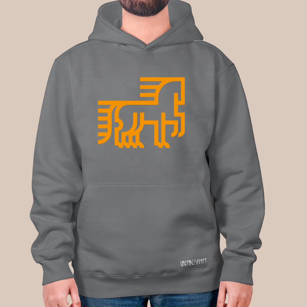 Ancient Nordic Stone Carving Geometric Beast Totem 550g Heavyweight Cotton Hoodie, Viking Primitive Ornament Pullover with Kangaroo Pocket, Unisex All-Ages Sweatshirt, Viking Spirit Runes on Hem-Viking Spirit