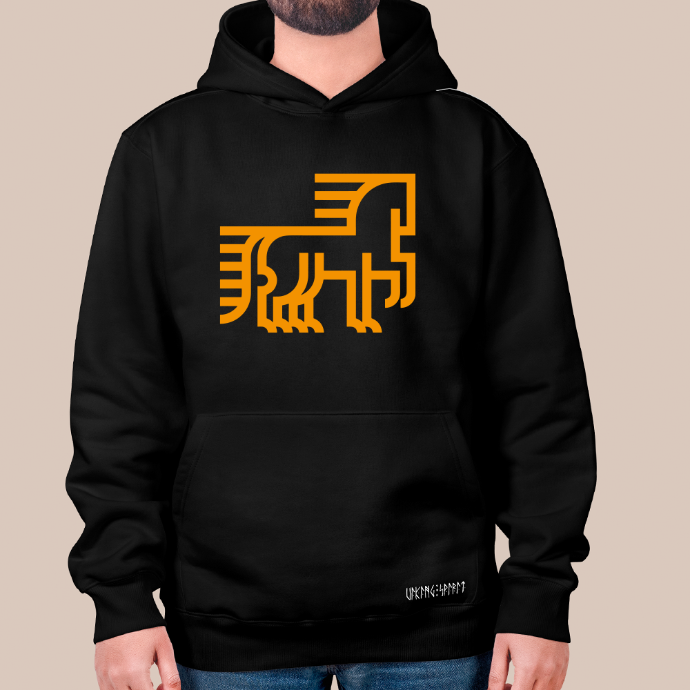 Ancient Nordic Stone Carving Geometric Beast Totem 550g Heavyweight Cotton Hoodie, Viking Primitive Ornament Pullover with Kangaroo Pocket, Unisex All-Ages Sweatshirt, Viking Spirit Runes on Hem-Viking Spirit