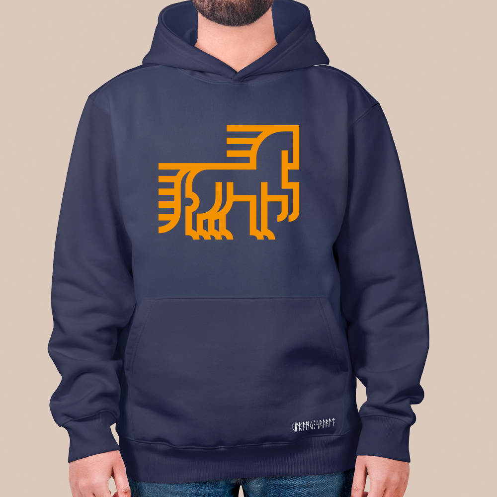 Ancient Nordic Stone Carving Geometric Beast Totem 550g Heavyweight Cotton Hoodie, Viking Primitive Ornament Pullover with Kangaroo Pocket, Unisex All-Ages Sweatshirt, Viking Spirit Runes on Hem-Viking Spirit