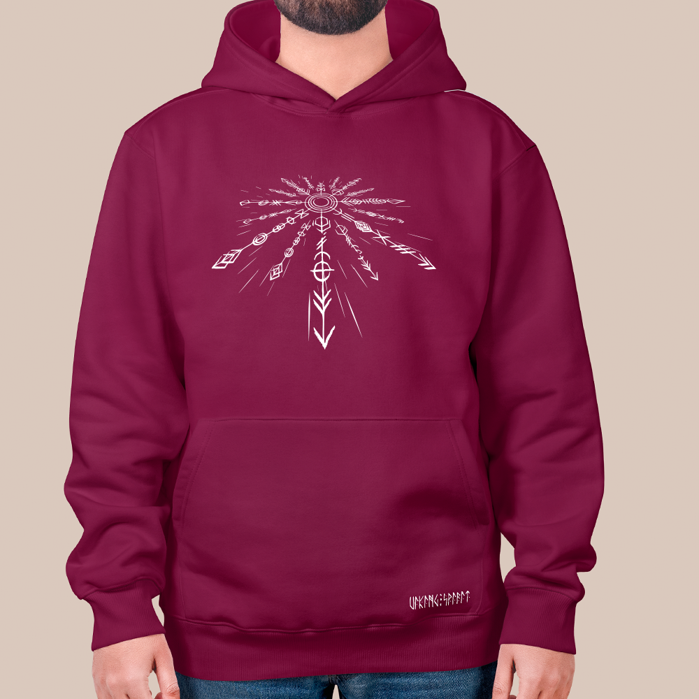 Vegvísir Viking Compass Rune Radiant Totem 550g Heavyweight Cotton Hoodie, Norse Amulet Pullover with Kangaroo Pocket, Unisex All-Ages Sweatshirt, Viking Spirit Runes on Hem-Viking Spirit