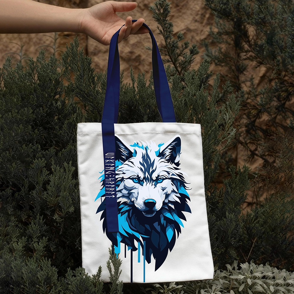 Ice‑Blue Norse Mythology Fenrir Giant Wolf Cotton Canvas Tote Bag, Viking Wolf Totem Rune Heat‑Transfer Shoulder Handbag-Viking Spirit