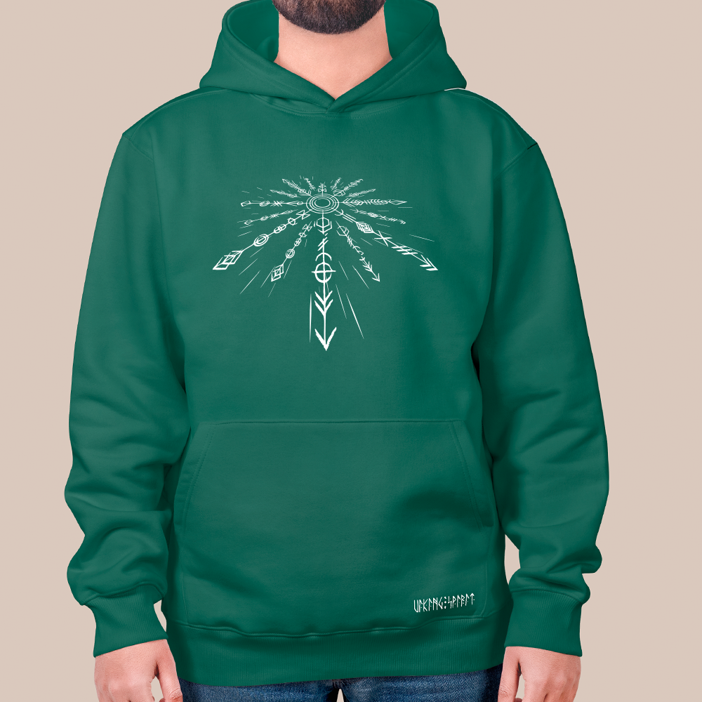 Vegvísir Viking Compass Rune Radiant Totem 550g Heavyweight Cotton Hoodie, Norse Amulet Pullover with Kangaroo Pocket, Unisex All-Ages Sweatshirt, Viking Spirit Runes on Hem-Viking Spirit